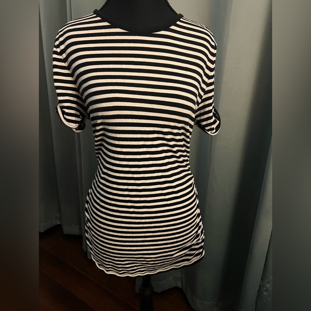Michael Kors Black & White Striped Short Sleeve Shirt w/ Zippered Sleeves L
